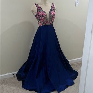Elegant Floral Embroidered Navy Dress